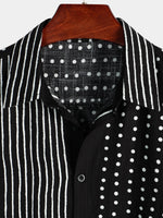 Black Button-Up Short Sleeve Retro Shirt with Stripes and Dots