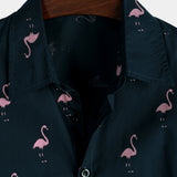 Casual Short-Sleeve Hawaiian Shirt with Pink Flamingo Pattern