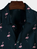 Casual Short-Sleeve Hawaiian Shirt with Pink Flamingo Pattern