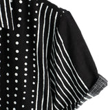 Men's Retro Black Cotton Shirt in Stripes and Dots, with Buttons and Short Sleeve