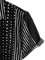 Men's Retro Black Cotton Shirt in Stripes and Dots, with Buttons and Short Sleeve