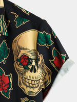 Short Sleeve Cotton Shirt with Skull and Rose Pattern for Men