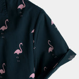 Casual Short-Sleeve Hawaiian Shirt with Pink Flamingo Pattern