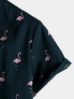 Casual Short-Sleeve Hawaiian Shirt with Pink Flamingo Pattern
