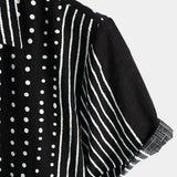 Black Button-Up Short Sleeve Retro Shirt with Stripes and Dots