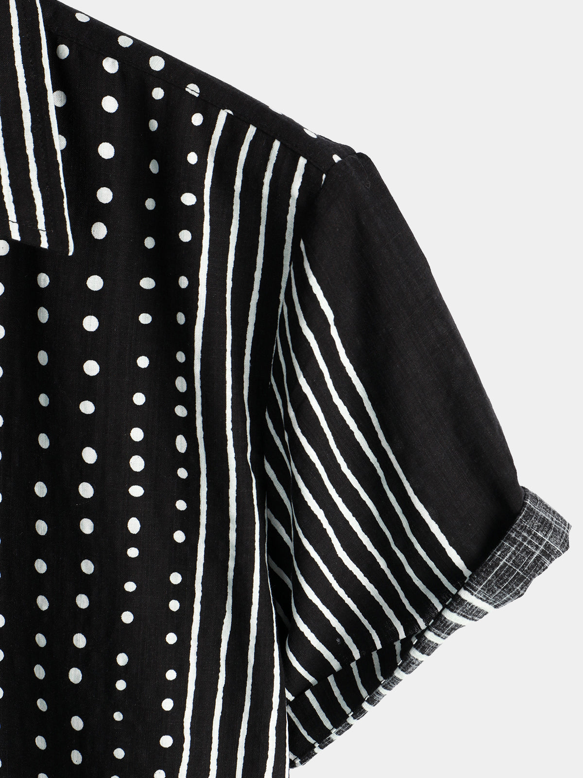 Black Button-Up Short Sleeve Retro Shirt with Stripes and Dots