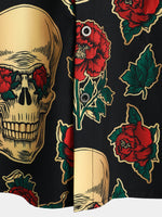 Short Sleeve Cotton Shirt with Skull and Rose Pattern for Men