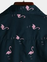 Casual Short-Sleeve Hawaiian Shirt with Pink Flamingo Pattern
