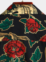 Short Sleeve Cotton Shirt with Skull and Rose Pattern for Men