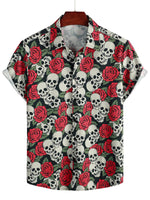 Short Sleeve Cotton Shirt with Skull and Rose Pattern for Men