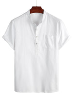 Men's Solid Color Cotton Shirt with High Collar and Half Buttons, with Front Pocket