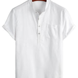Men's Solid Color Cotton Shirt with High Collar and Half-Button Closure, with Front Pocket