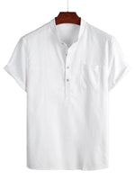 Men's Solid Color Cotton Shirt with High Collar and Half-Button Closure, with Front Pocket