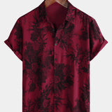 Hawaiian Short-Sleeve Button Breathable Shirt, Red Vintage Floral Motif, for Summer Vacation
