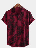 Hawaiian Short-Sleeve Button Breathable Shirt, Red Vintage Floral Motif, for Summer Vacation