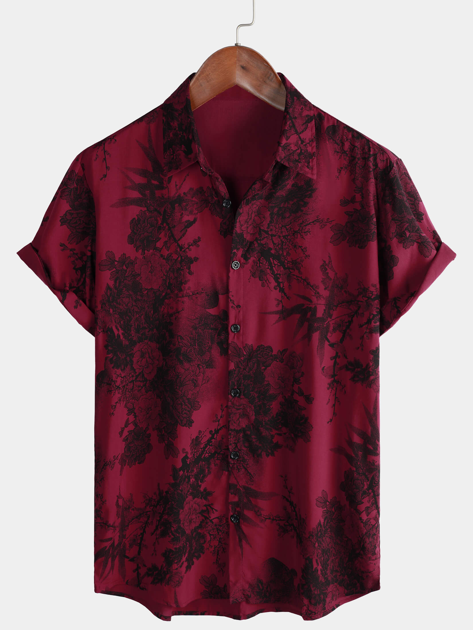 Hawaiian Short-Sleeve Button Breathable Shirt, Red Vintage Floral Motif, for Summer Vacation