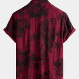 Hawaiian Short-Sleeve Button Breathable Shirt, Red Vintage Floral Motif, for Summer Vacation