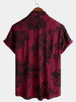 Hawaiian Short-Sleeve Button Breathable Shirt, Red Vintage Floral Motif, for Summer Vacation