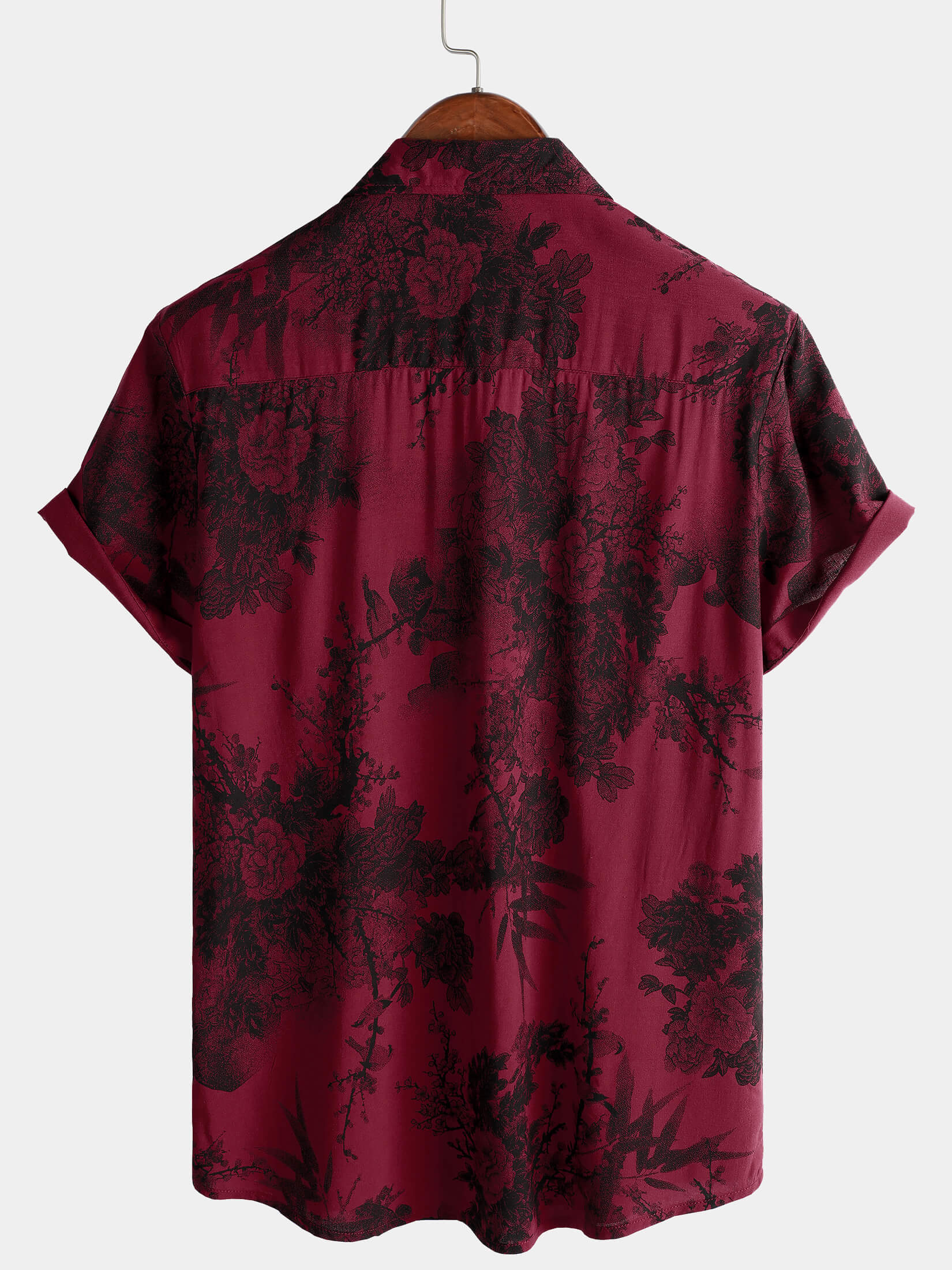 Hawaiian Short-Sleeve Button Breathable Shirt, Red Vintage Floral Motif, for Summer Vacation