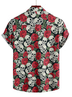 Short Sleeve Cotton Shirt with Skull and Rose Pattern for Men
