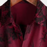 Hawaiian Short-Sleeve Button Breathable Shirt, Red Vintage Floral Motif, for Summer Vacation