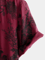 Hawaiian Short-Sleeve Button Breathable Shirt, Red Vintage Floral Motif, for Summer Vacation