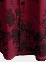 Hawaiian Short-Sleeve Button Breathable Shirt, Red Vintage Floral Motif, for Summer Vacation
