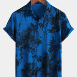 Hawaiian Short-Sleeve Button Breathable Shirt, Blue Vintage Floral Motif, for Summer Vacation