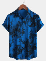 Hawaiian Short-Sleeve Button Breathable Shirt, Blue Vintage Floral Motif, for Summer Vacation