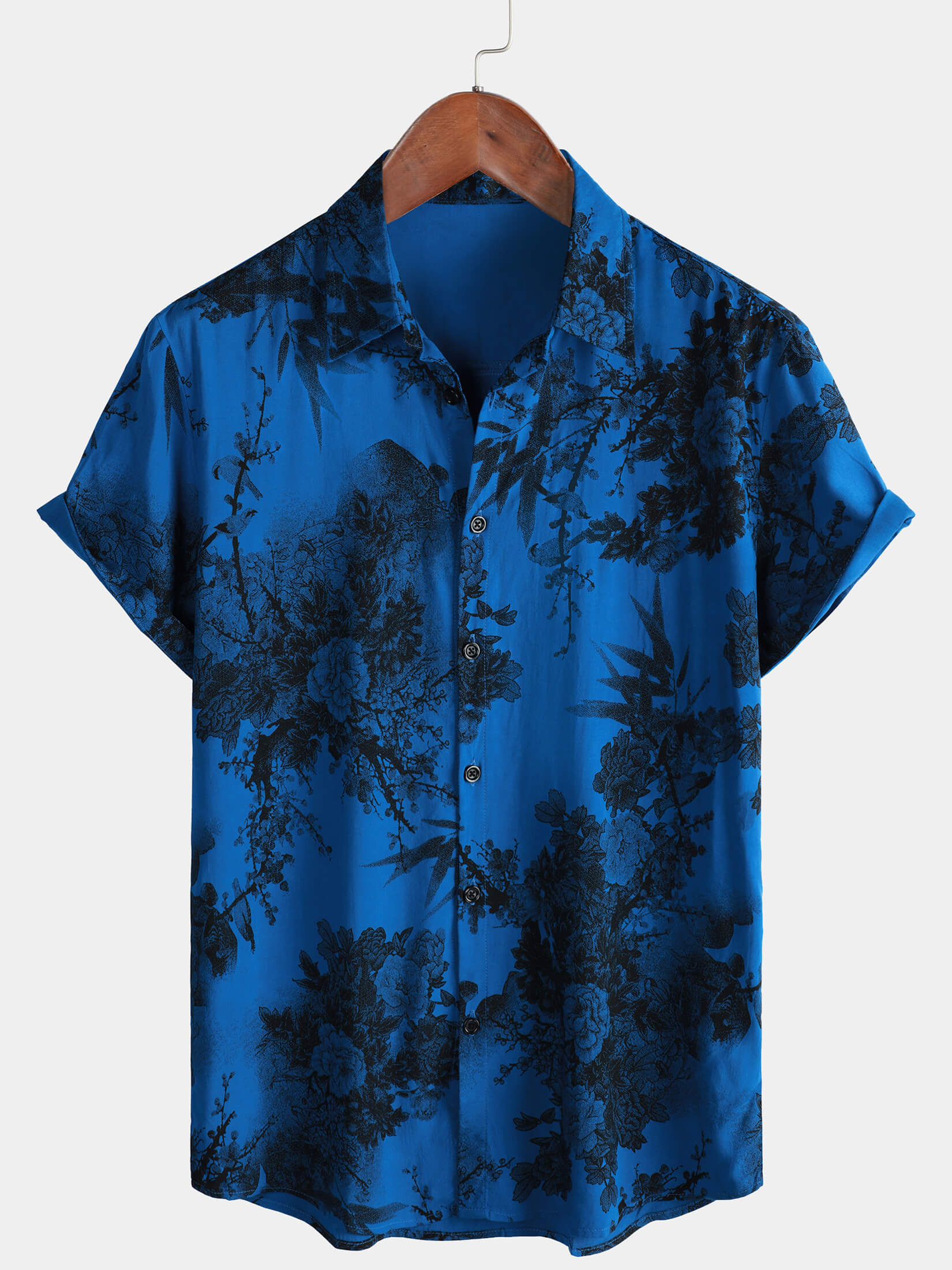 Hawaiian Short-Sleeve Button Breathable Shirt, Blue Vintage Floral Motif, for Summer Vacation