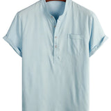 Men's Solid Color Cotton Shirt with High Collar and Half-Button Closure, with Front Pocket