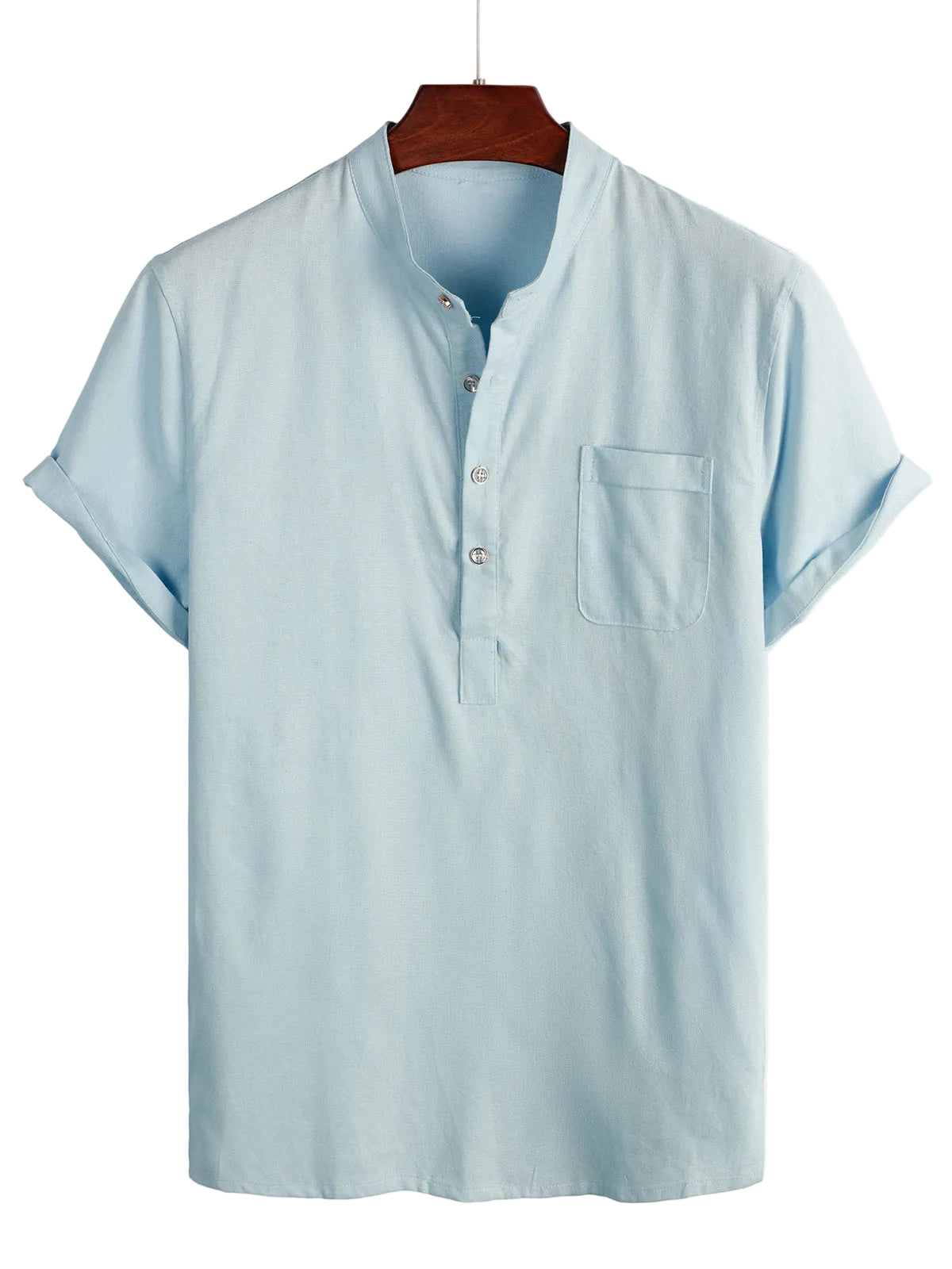 Men's Solid Color Cotton Shirt with High Collar and Half-Button Closure, with Front Pocket Blue