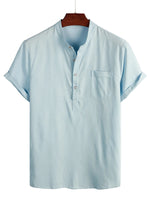 Men's Solid Color Cotton Shirt with High Collar and Half-Button Closure, with Front Pocket