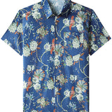 Men's Cotton Shirt with Short Sleeve in Floral Pattern, Breathable and Fresh