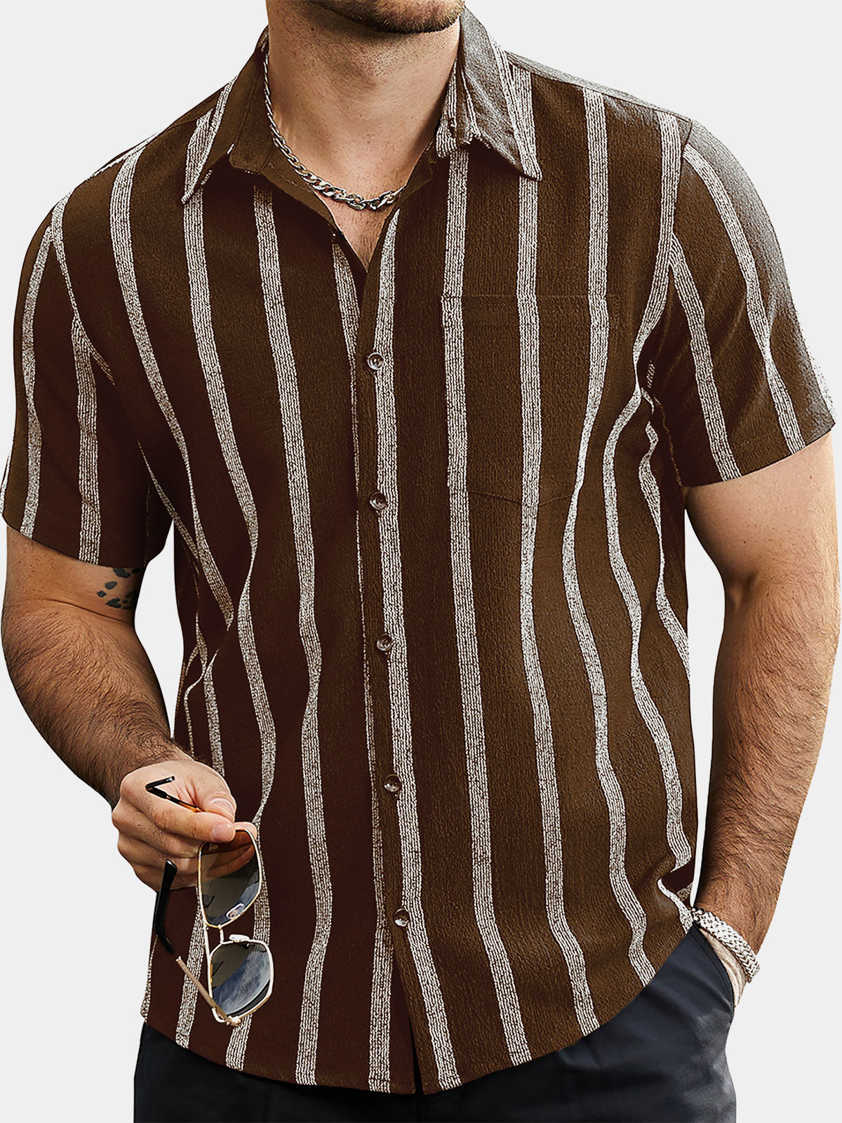 Hawaiian Summer Short Sleeve Button Shirt with Pocket and Stripes