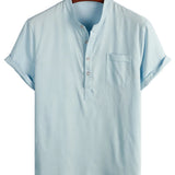 Men's Solid Color Cotton Shirt with High Collar and Half Button, with Front Pocket