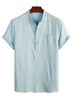 Men's Solid Color Cotton Shirt with High Collar and Half Button, with Front Pocket