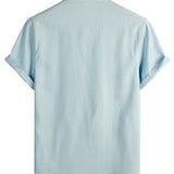 Men's Solid Color Cotton Shirt with High Collar and Half-Button Closure, with Front Pocket