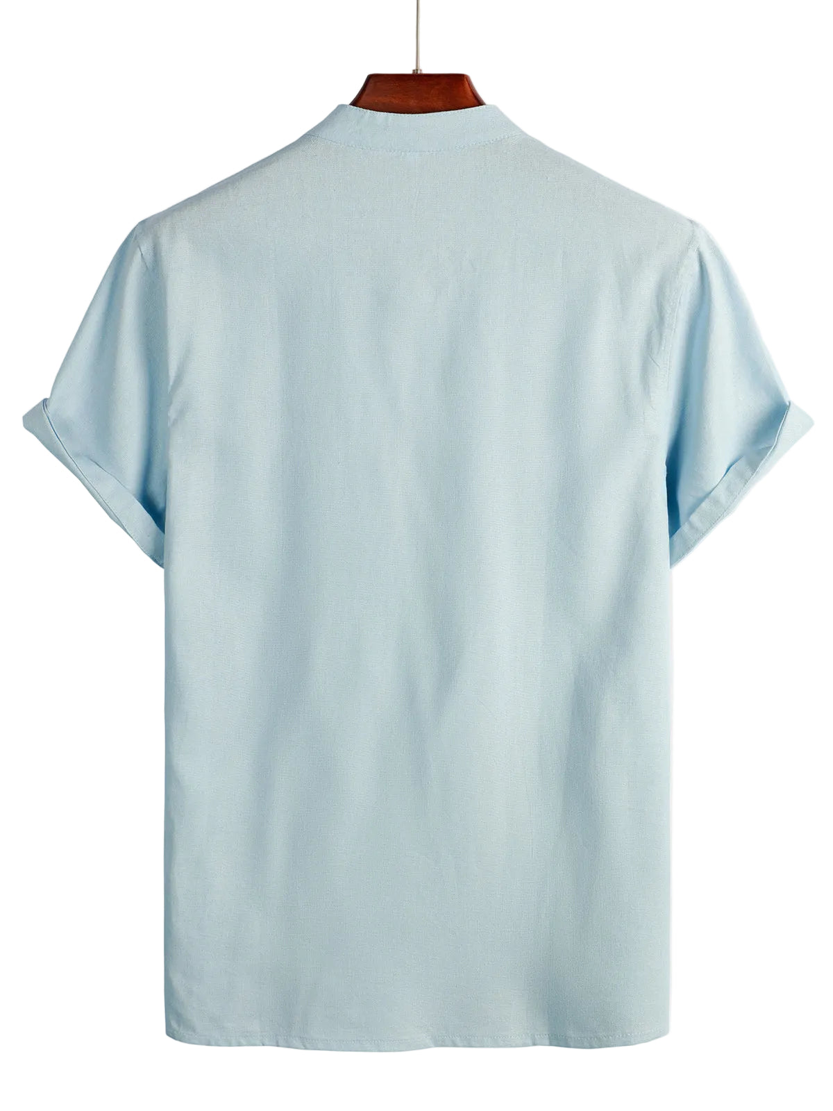 Men's Solid Color Cotton Shirt with High Collar and Half-Button Closure, with Front Pocket Blue