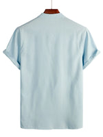 Men's Solid Color Cotton Shirt with High Collar and Half-Button Closure, with Front Pocket