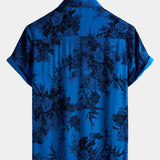 Hawaiian Short-Sleeve Button Breathable Shirt, Blue Vintage Floral Motif, for Summer Vacation