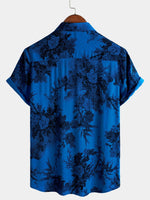 Hawaiian Short-Sleeve Button Breathable Shirt, Blue Vintage Floral Motif, for Summer Vacation