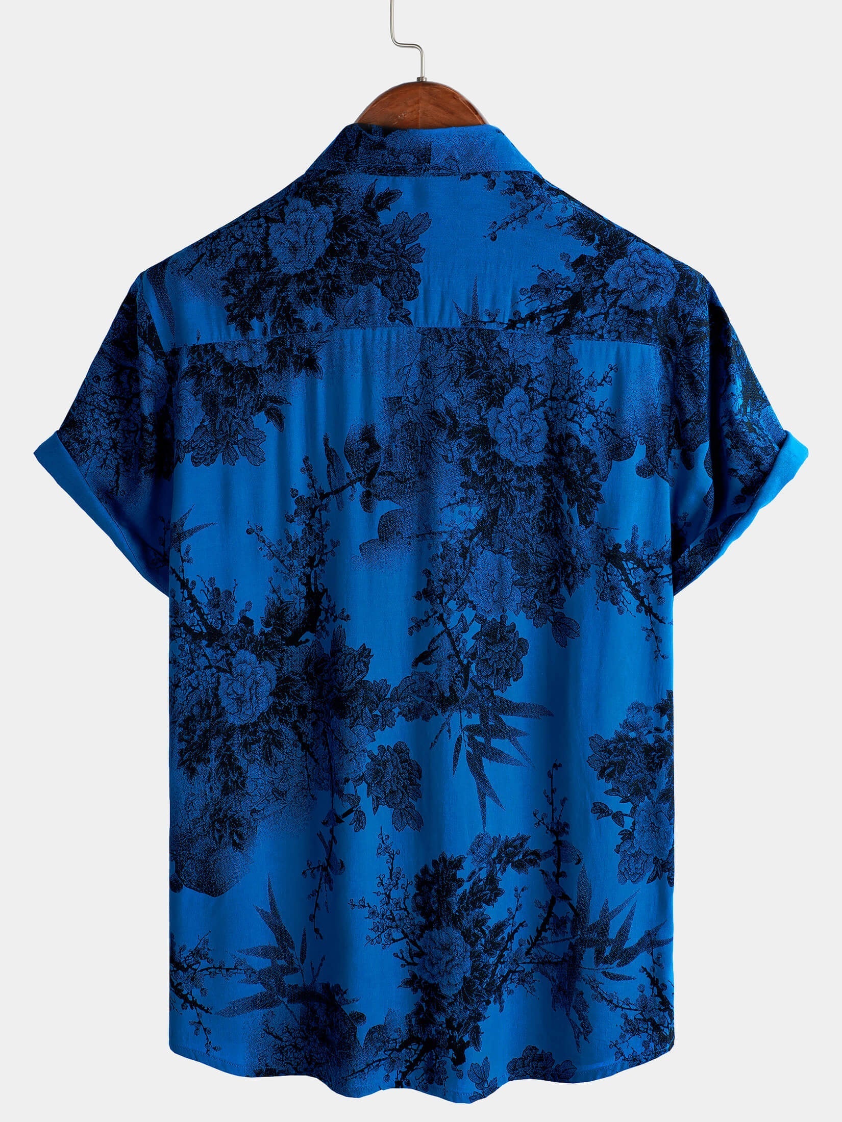 Hawaiian Short-Sleeve Button Breathable Shirt, Blue Vintage Floral Motif, for Summer Vacation