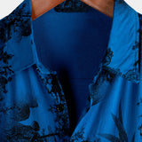 Hawaiian Short-Sleeve Button Breathable Shirt, Blue Vintage Floral Motif, for Summer Vacation