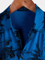 Hawaiian Short-Sleeve Button Breathable Shirt, Blue Vintage Floral Motif, for Summer Vacation