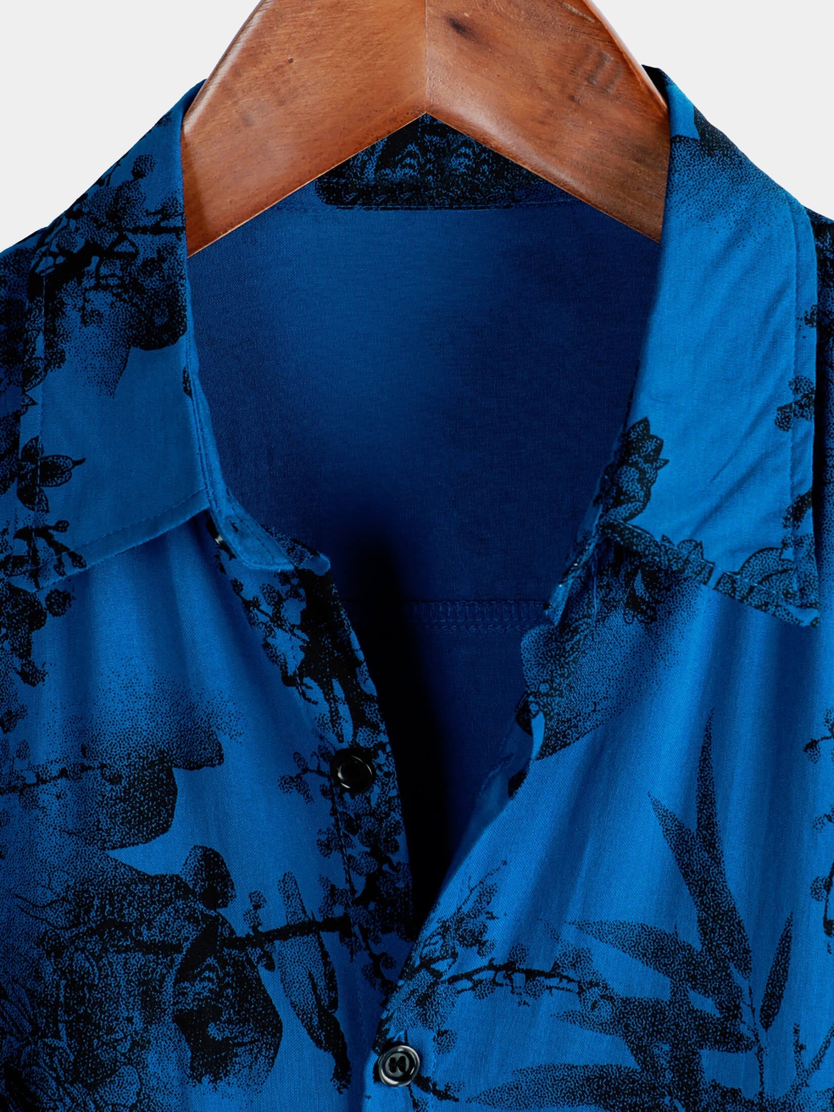 Hawaiian Short-Sleeve Button Breathable Shirt, Blue Vintage Floral Motif, for Summer Vacation