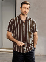 Hawaiian Summer Short Sleeve Button Shirt with Pocket and Stripes