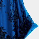 Hawaiian Short-Sleeve Button Breathable Shirt, Blue Vintage Floral Motif, for Summer Vacation