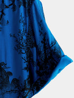 Hawaiian Short-Sleeve Button Breathable Shirt, Blue Vintage Floral Motif, for Summer Vacation