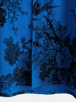 Hawaiian Short-Sleeve Button Breathable Shirt, Blue Vintage Floral Motif, for Summer Vacation